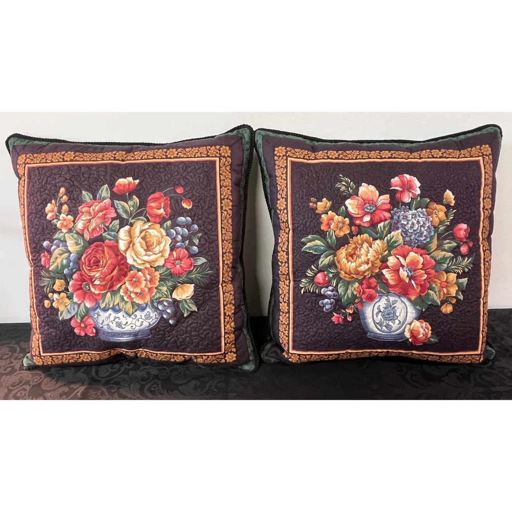 Quilted Floral Still Life Throw Pillows Set of 2 Plum Green 13x13 Vtg Corded